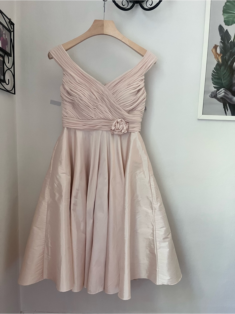 JS Collections Blush Pink Satin Fit-and-Flare Dress with Rosette Detail
